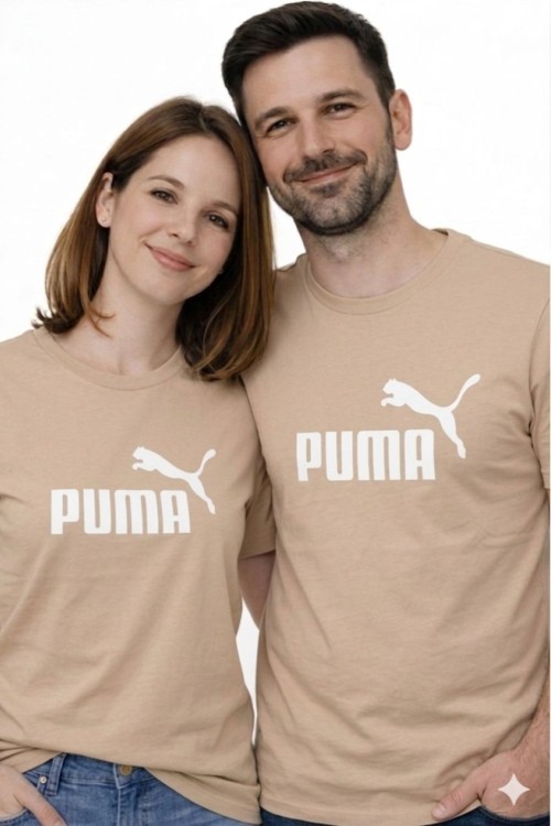 KAMPANYALI UNİSEX BEYAZ YAZILI BÜYÜK PUMA KEDİLİ TİŞÖRT  Bej