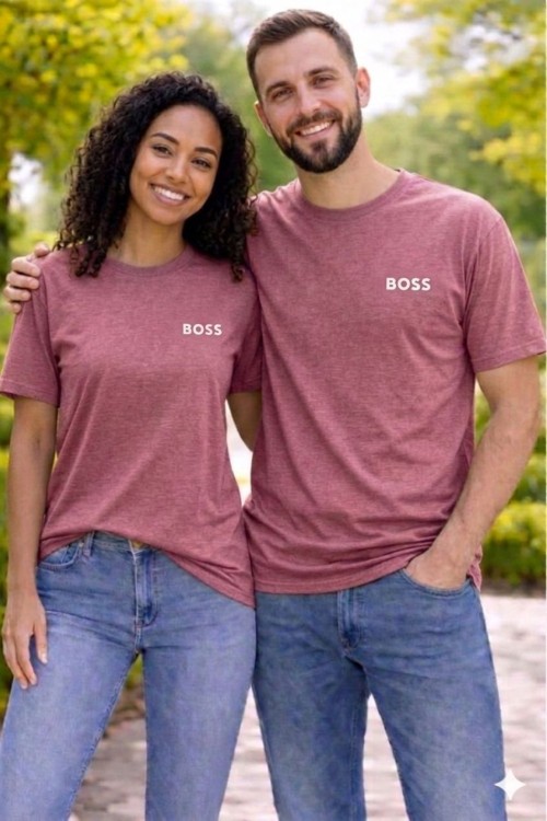 KAMPANYALI UNİSEX KENARDA BEYAZ YAZILI BOSS TİŞÖRT Mürdüm