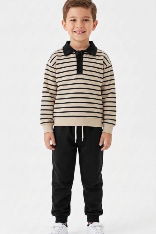 YAKALI İKİ DÜĞMELİ ÇİZGİLİ EŞOFMAN TAKIMI  Siyah