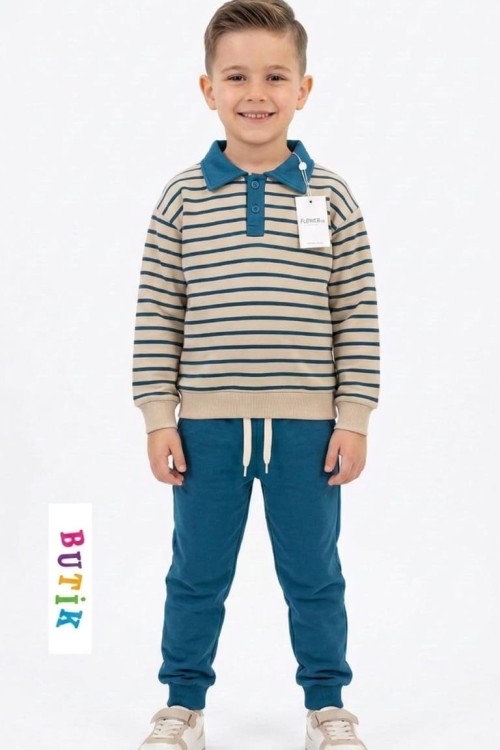 YAKALI İKİ DÜĞMELİ ÇİZGİLİ EŞOFMAN TAKIMI  Mavi