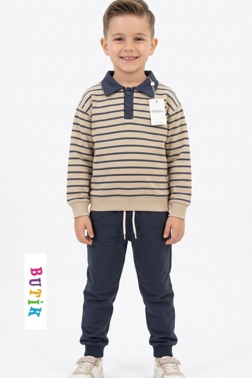 YAKALI İKİ DÜĞMELİ ÇİZGİLİ EŞOFMAN TAKIMI  Antrasit