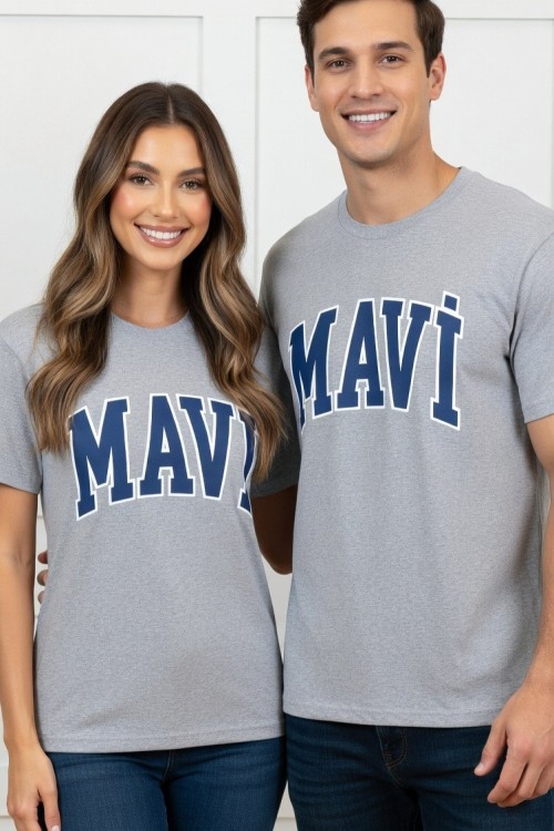 KAMPANYALI BÜYÜK DALGALI MAVİ YAZILI TEK TŞÖRT  Gri