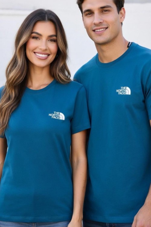 KAMPANYALI UNİSEX THE NORTC YAZISI BEYAZ TEK TİŞÖRT  Mavi