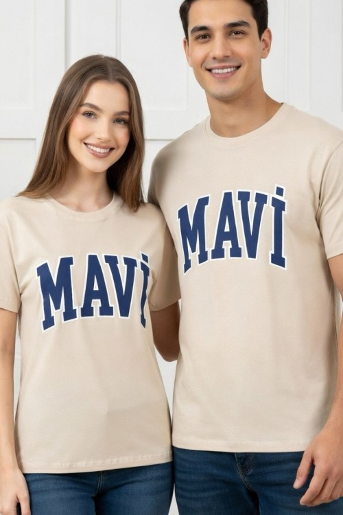 KAMPANYALI BÜYÜK DALGALI MAVİ YAZILI TEK TŞÖRT  Krem