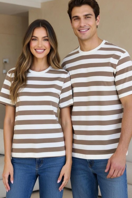 KALIN ÇİZGİLİ UNİSEX TEK TİŞÖRT  Kahverengi