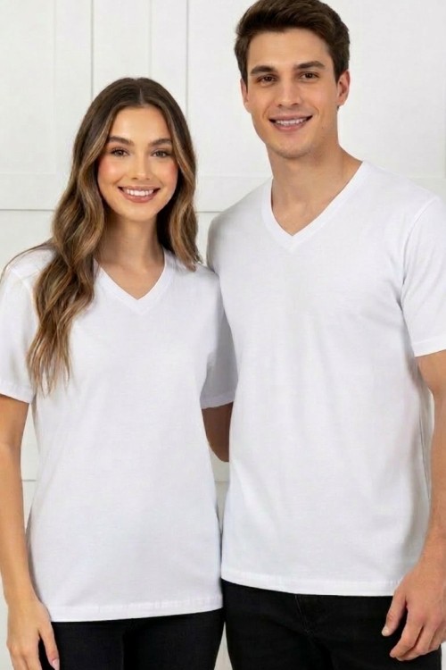 KAMPANYALI UNİSEX V YAKA DÜZ TİŞÖRT  Beyaz
