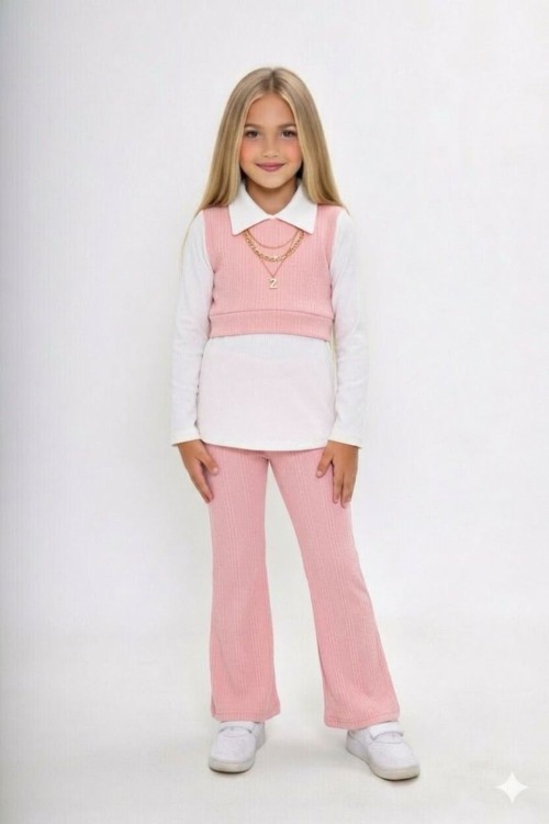 BAYRAMLIK YAKALI SÜVETER GÖRÜNÜMLÜ UZUN KOLLU İSPANYOL TAKIM  Pudra