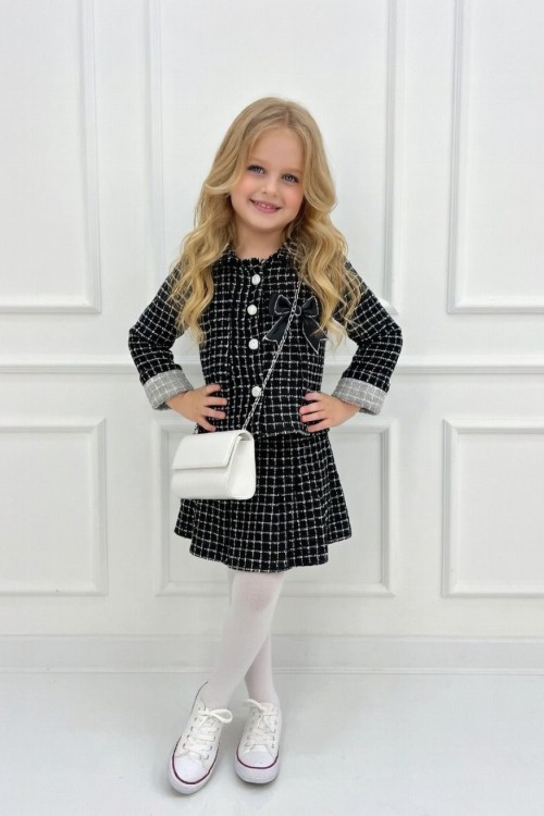 ETEĞİ KEMER DETAYLI PİLELİ ÇANTALI KIZ TAKIM  Siyah