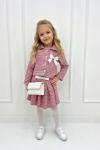 ETEĞİ KEMER DETAYLI PİLELİ ÇANTALI KIZ TAKIM  Pembe