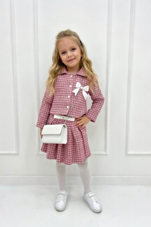 ETEĞİ KEMER DETAYLI PİLELİ ÇANTALI KIZ TAKIM  Pembe