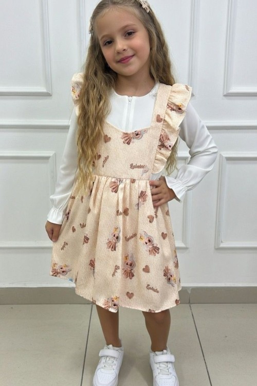 BAYRAMLIK LABUBU SLOPET BADİLİ ELBİSE  Bej