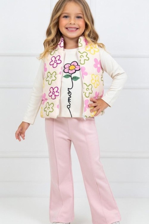 3 LÜ ŞİŞME YELEKLİ PAPATYALI TAKIM Pembe