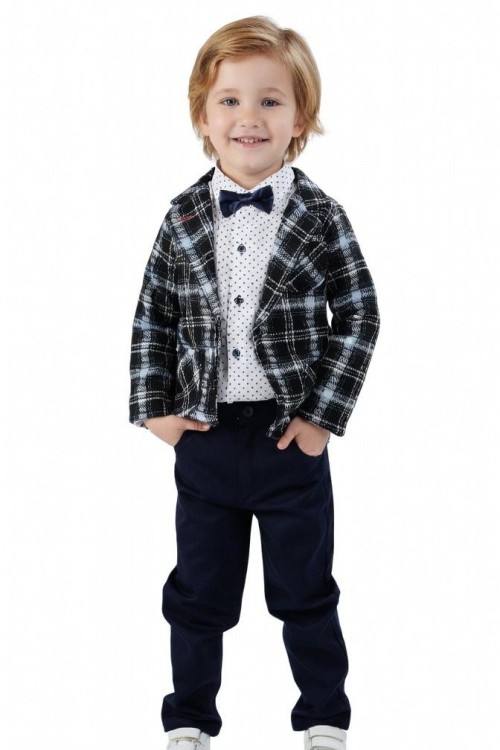 BAYRAMLIK CEKETLİ GÖMLEGİ PUANTİYELİ  PAPYONLU  TAKIM Mavi