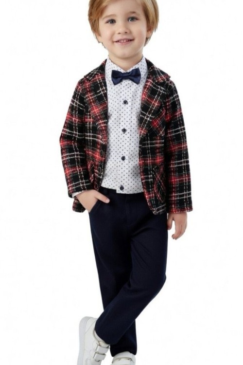 BAYRAMLIK CEKETLİ GÖMLEGİ PUANTİYELİ  PAPYONLU  TAKIM Kırmızı