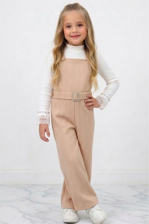 KOLLARI TAŞLI DANTELLİ BELİ KEMERLİ TULUM Bej