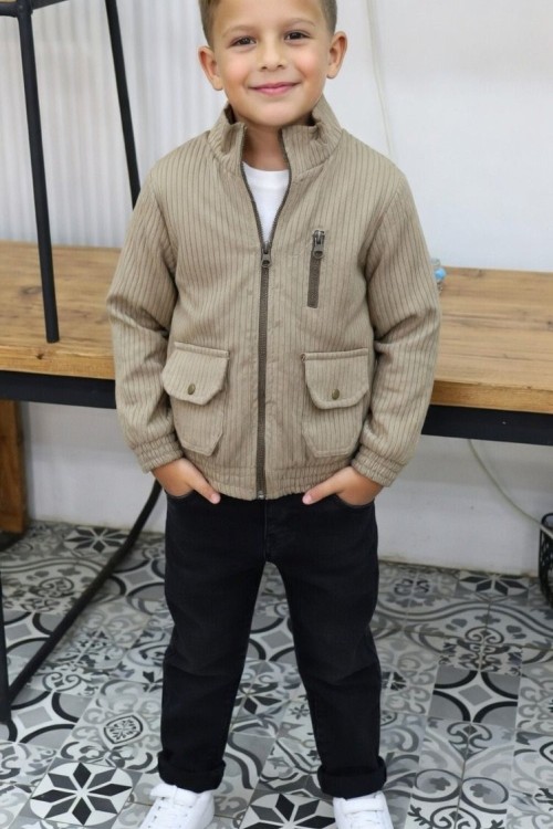 BAYRAMLIK CEKETLI ARKASI DERİ BASKILI TAKIM Bej