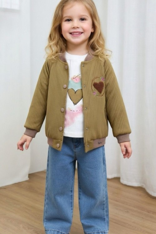 3 LÜ CEKETİ KALPLİ BADİLİ KOT TAKIM  Kahverengi