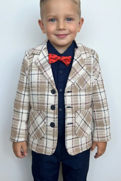 CEKETLİ GÖMLEGİ LACİVERT PAPYONLU TAKIM  Bej