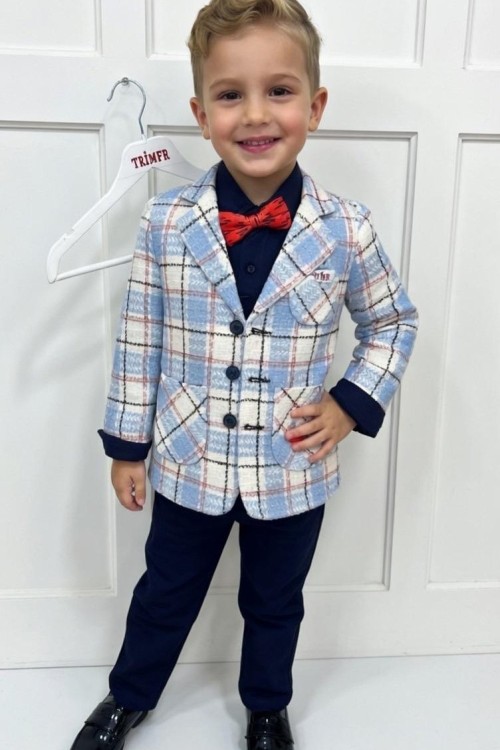 CEKETLİ GÖMLEGİ LACİVERT PAPYONLU TAKIM  Bebe Mavisi