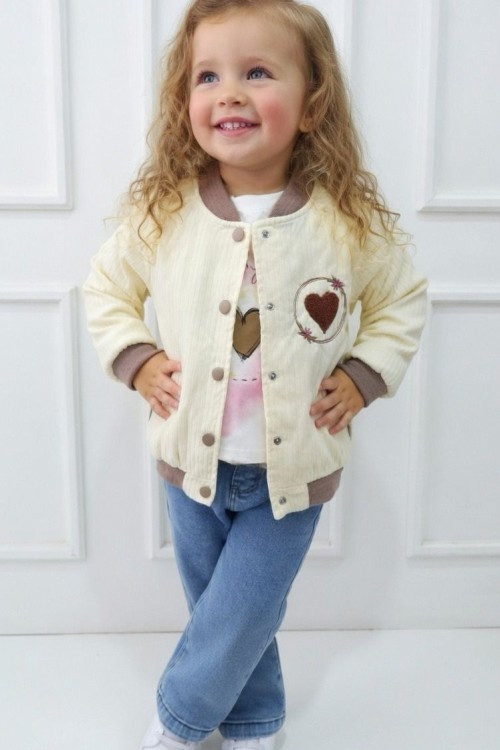 3 LÜ CEKETİ KALPLİ BADİLİ KOT TAKIM  Bej