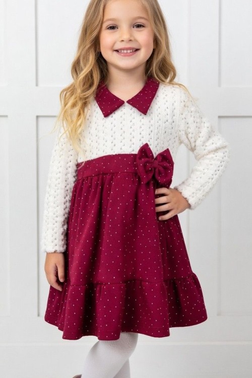 YAKASI VE ETEGİ TAŞLI PUL FİYONKLU ELBİSE Bordo