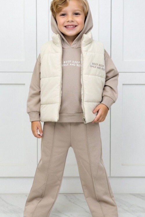3 LÜ YAZILI ŞİŞME YELEKLİ TAKIM  Bej