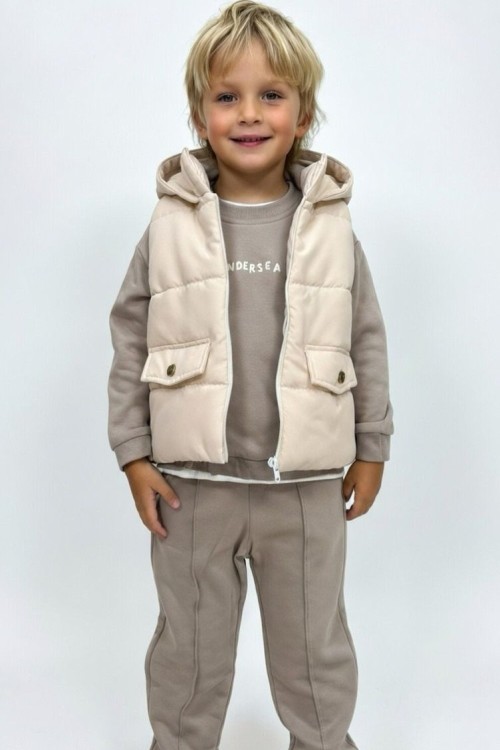 3 LÜ CEPLİ ŞİŞME YELEKLİ TAKIM Bej