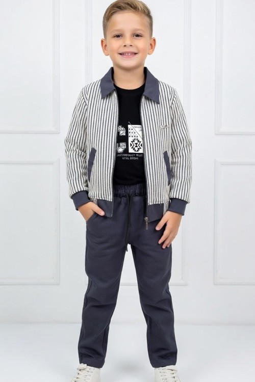 ÇİZGİLİ CEKETLİ İÇ BADİLİ ERKEK TAKIM  Antrasit