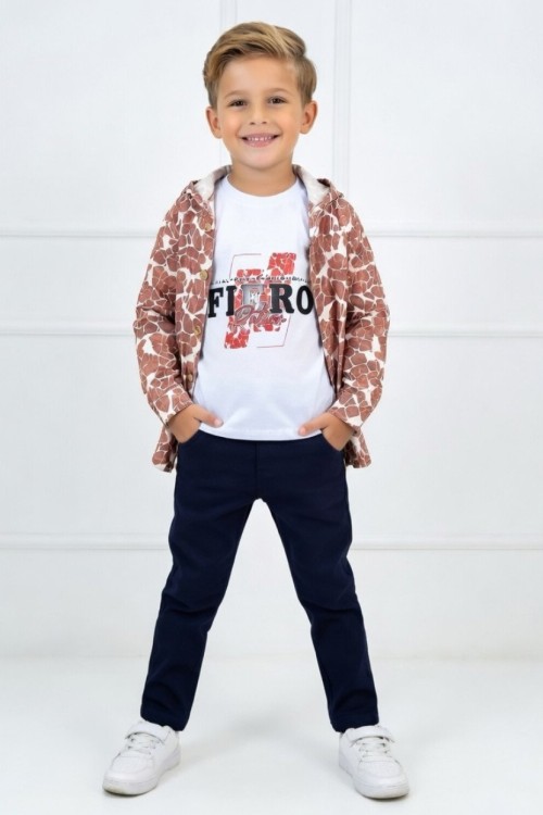 DALGALI CEKETLİ İÇ FLERO TŞÖRTLÜ 3 LÜ ERKEK TAKIM  Kiremit