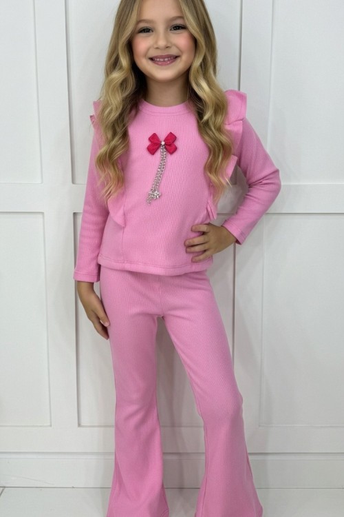 ÖNÜ KIRMIZI MİNİK FİYONKLU İSPANYOL KIZ TAKIM  Pembe