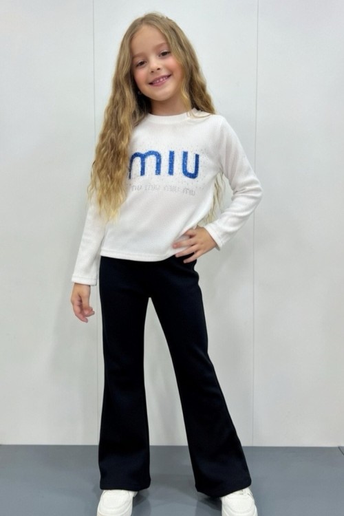 ÖNÜ TAŞLI MİU YAZILI İSPANYOL KIZ TAKIM  Beyaz