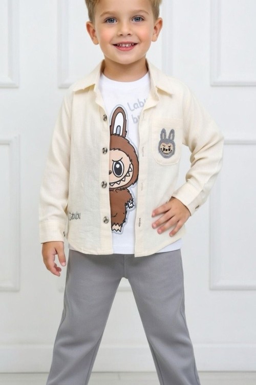 LABUBU 3 LÜ GÖMLEKLİ PANTOLONLU TAKIM Krem