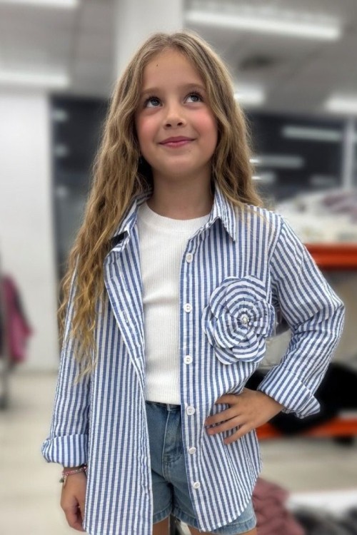 BADİSİ SIFIR KOL YAKASI ÇİÇEKLİ ÇİZGİLİ TEK GÖMLEK  Lacivert