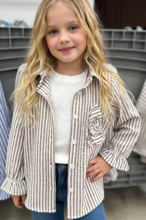 BADİSİ SIFIR KOL YAKASI ÇİÇEKLİ ÇİZGİLİ TEK GÖMLEK  Bej