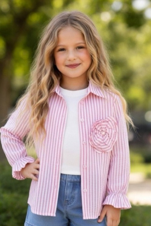 BADİSİ SIFIR KOL YAKASI ÇİÇEKLİ ÇİZGİLİ TEK GÖMLEK  Pembe