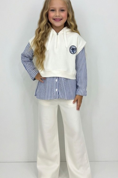 KAPŞONLU YARIM FERMURLI GÖMLEK DETAYLI KIZ TAKIM  Lacivert