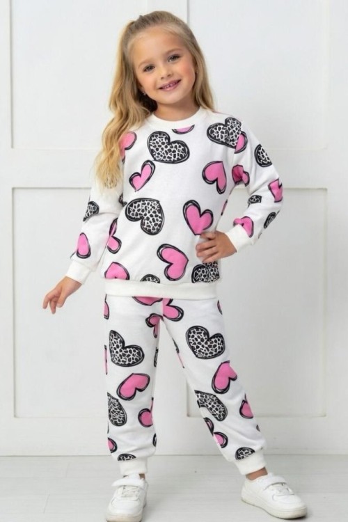 KÜÇÜK UYGUN LEOPARLI PEMBE KALPLİ MEVSİMLİK TAKIM  Beyaz