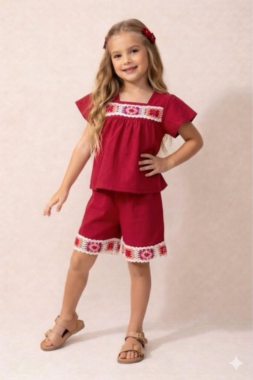 YAKASI VE ŞORT UCU ÖRGÜ ETNİK  DESEN ŞORTLU TAKIM  Kırmızı