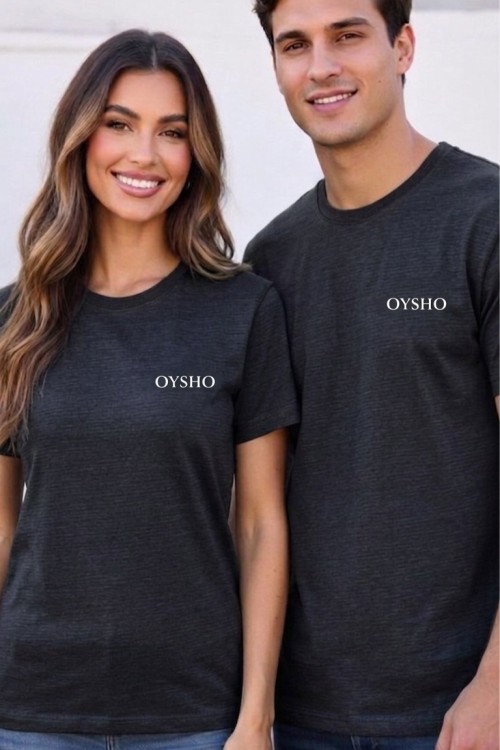 KAMPANYALI UNİSEX FİTİLLİ OYSHO BEYAZ YAZILI TİŞÖRT  Siyah