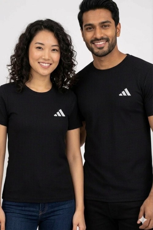 KAMPANYALI UNİSEX FİTİLLİ ADİDAS BEYAZ YAZILI TİŞÖRT  Siyah