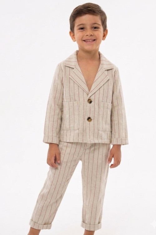 YAKALI TAM DÜĞMELİ CEPLİ ÇİZGİLİ TAKIM Kırmızı