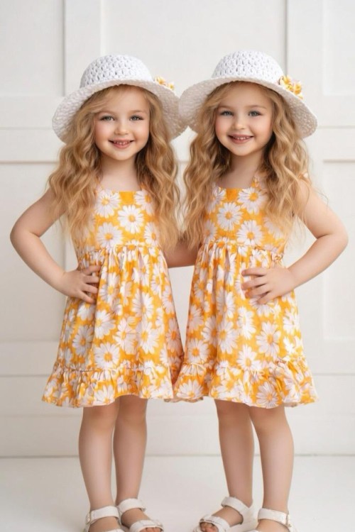 ÇİÇEKLİ YAZLIK ŞAPKALI ELBİSE  Turuncu