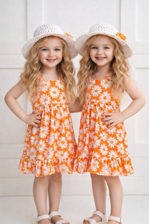 ÇİÇEKLİ YAZLIK ŞAPKALI ELBİSE  Turuncu