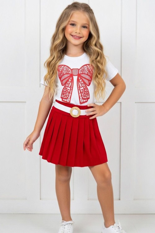 KABARTMA BASKI FİYONKLU KEMERLİ PİLE ETEKLİ KISAKOLLU TAKIM Kırmızı