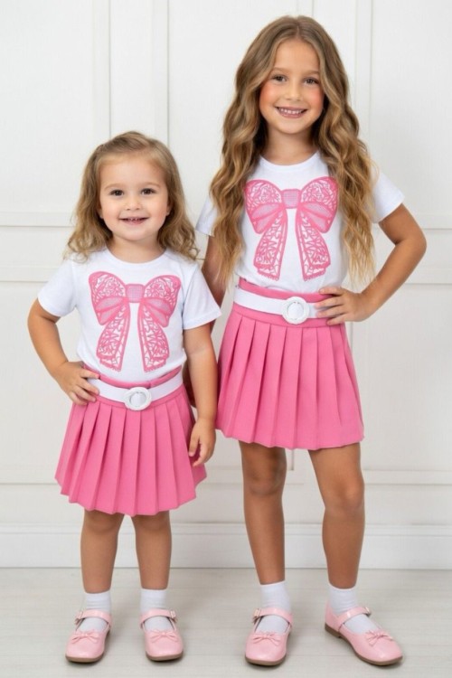 KABARTMA BASKI FİYONKLU KEMERLİ PİLE ETEKLİ KISAKOLLU TAKIM Pembe