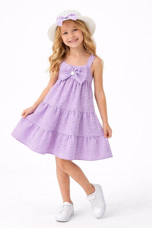 PİTİKARELİ FİYONKLU ŞAPKALI ELBİSE Lila