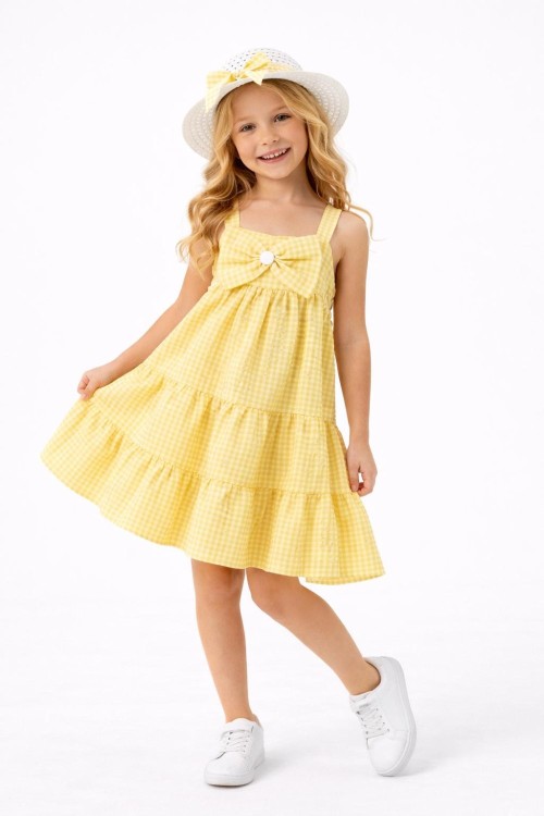 PİTİKARELİ FİYONKLU ŞAPKALI ELBİSE Sarı