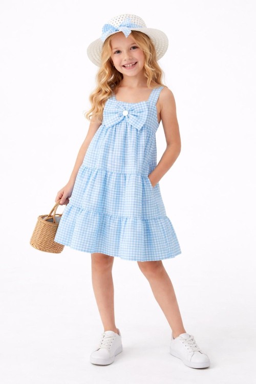 PİTİKARELİ FİYONKLU ŞAPKALI ELBİSE Mavi