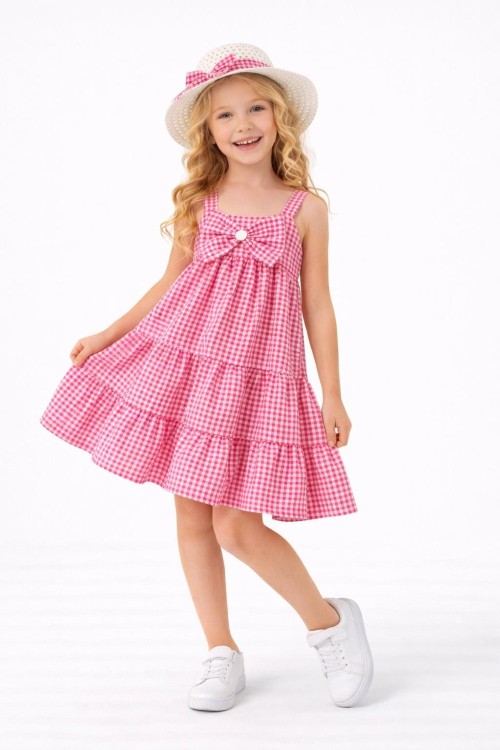 PİTİKARELİ FİYONKLU ŞAPKALI ELBİSE Pembe