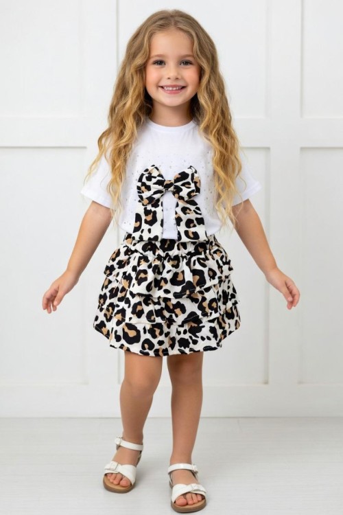 LEOPAR FİYONKLU ÜSTÜ TAŞLI KAT KAT ETEKLİ TAKIM Bej